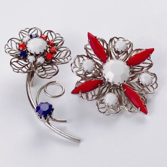 VTG Mid Century Brooch Red White Blue Glass Floral Lot Silver Tone 50s 60s Pin - Picture 4 of 11
